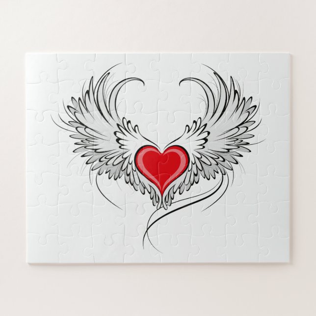 Quebra-cabeça Coração de Anjo Vermelho com asas (Horizontal)