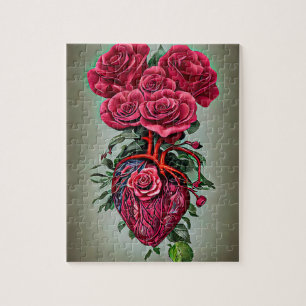Quebra-cabeça Coração Humano com flores Rosas vermelhas, arte su
