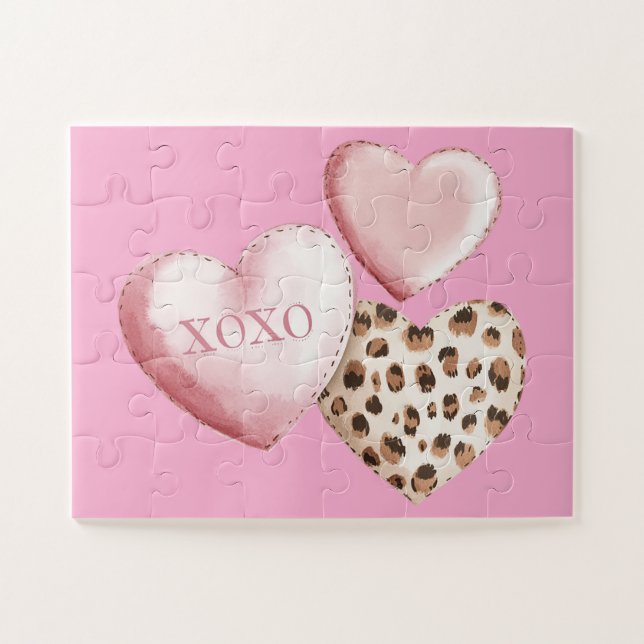 Quebra-cabeça Corações de Impressão do Leopardo XOXO Rosa (Horizontal)