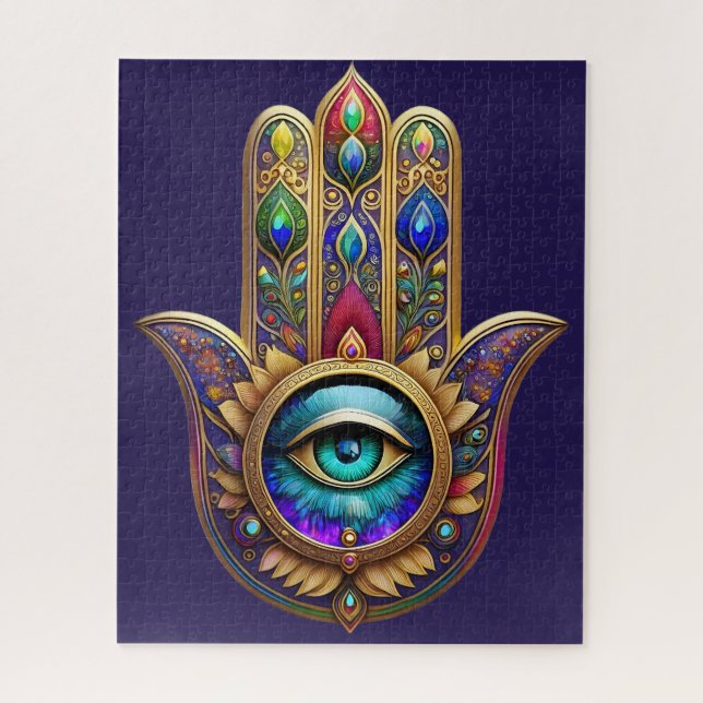Quebra-cabeça Cores de Pavão Dourado Hamsa Safira Verde Terceiro (Vertical)