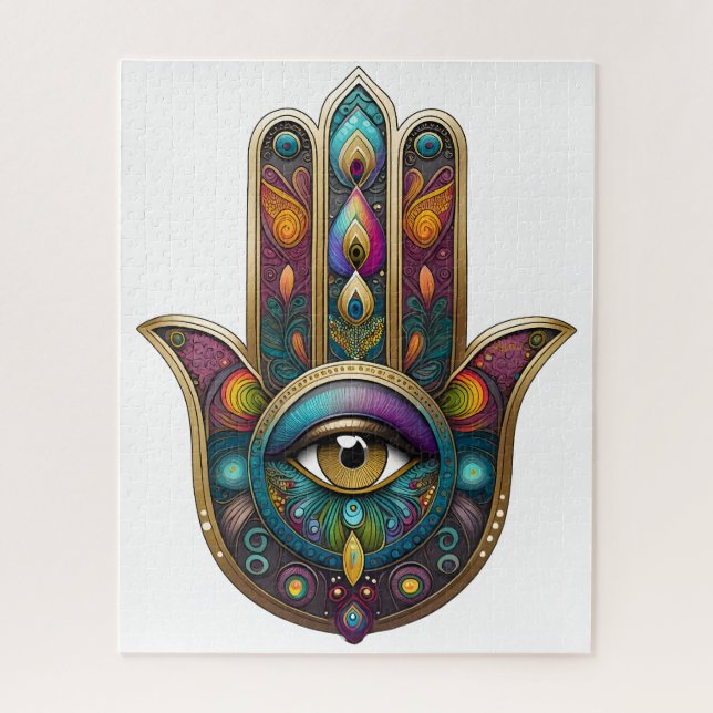 Quebra-cabeça Cores de Pavão Hamsa com Terceiro Olho Dourado (Vertical)