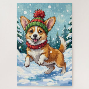 Quebra-cabeça Corgi Alegre Saltando na Neve com Pom Pom
