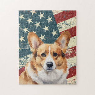 Quebra-cabeça Corgi Cachorro Bandeira Americana Grunge