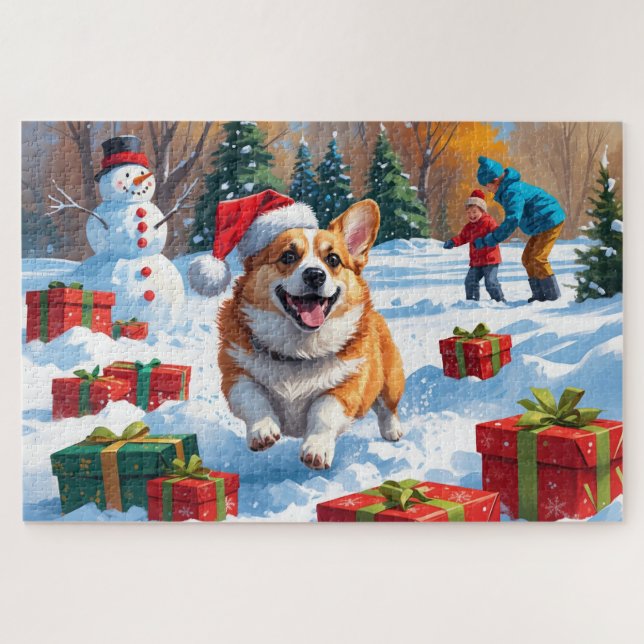 Quebra-cabeça Corgi correndo em neve com chapéu de Natal (Horizontal)