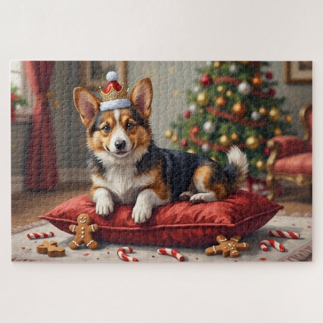 Quebra-cabeça Corgi Dog Christmas Loaf with Santa Crown Art (Horizontal)