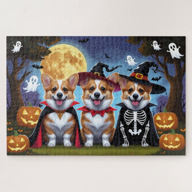Quebra-cabeça Corgi Dogs Pumpkin Halloween Engraçado (Horizontal)