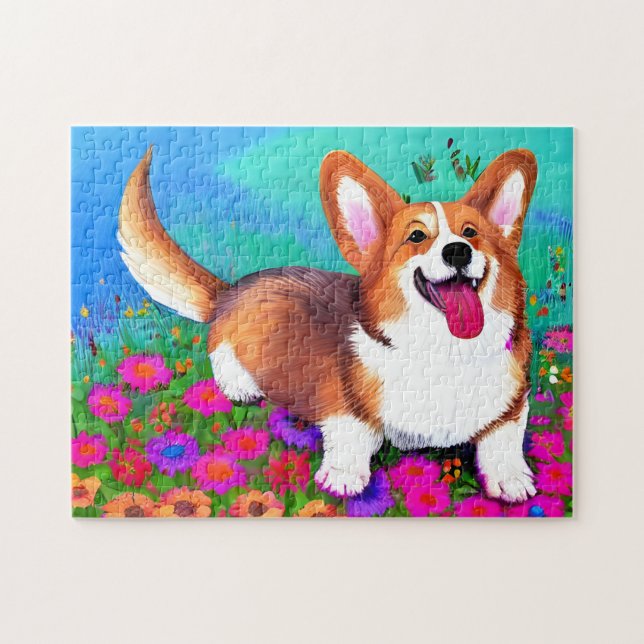 Quebra-cabeça Corgi e flores (Horizontal)