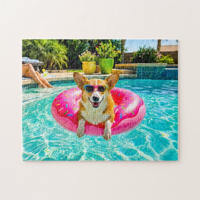 Quebra-cabeça Corgi em boia de donut (Horizontal)