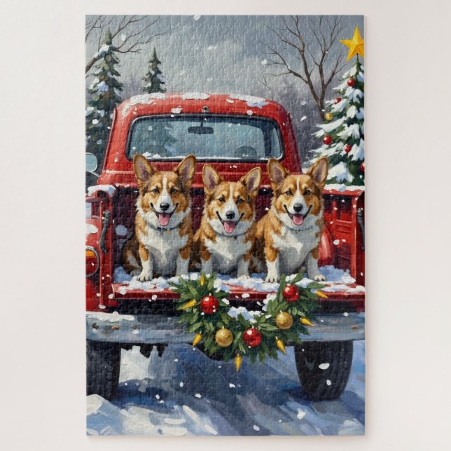 Quebra-cabeça Corgi Natal Caminhão Vermelho Férias (Vertical)