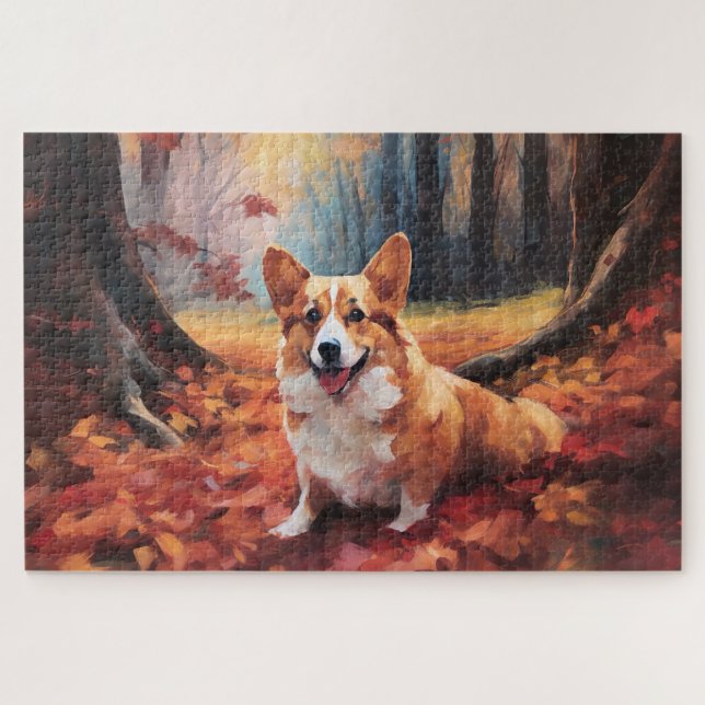 Quebra-cabeça Corgi no Outono Folhas Caídas Inspiram (Horizontal)