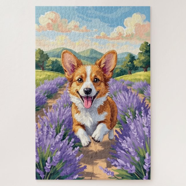 Quebra-cabeça Corgi Primavera Campo de Lavanda Cachorro Fofo (Vertical)