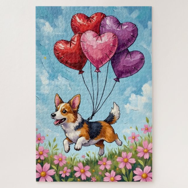 Quebra-cabeça Corgi Running with Valentine's Heart Balloons (Vertical)