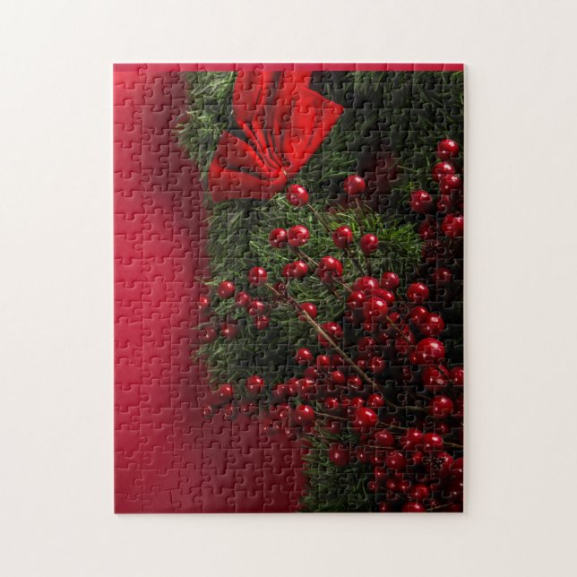 Quebra-cabeça coroa de natal com amoras vermelhas (Vertical)