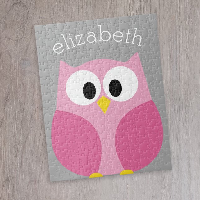 Quebra-cabeça Coruja de Cartoon Bonita - Nome Personalizado Rosa (Cute whimsical owl personalized puzzle)