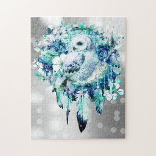 Quebra-cabeça Coruja de Neve Dreamcatcher Verde e Azul Teal Flor