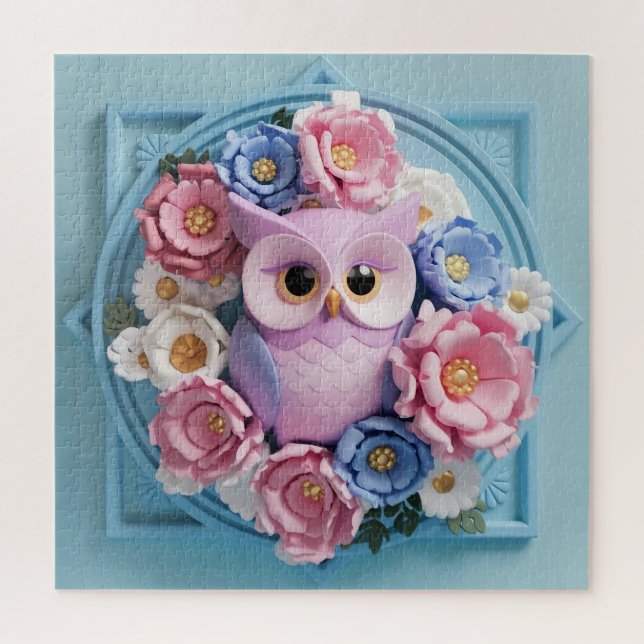 Quebra-cabeça Coruja Elegante com Acentos Florais - Rosa Suave (Vertical)
