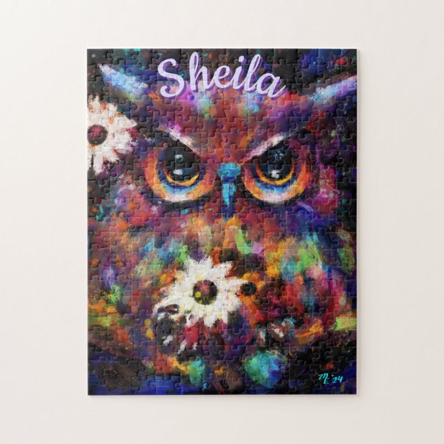 Quebra-cabeça Coruja Floral Impressionista Whimsical Personaliza (Vertical)