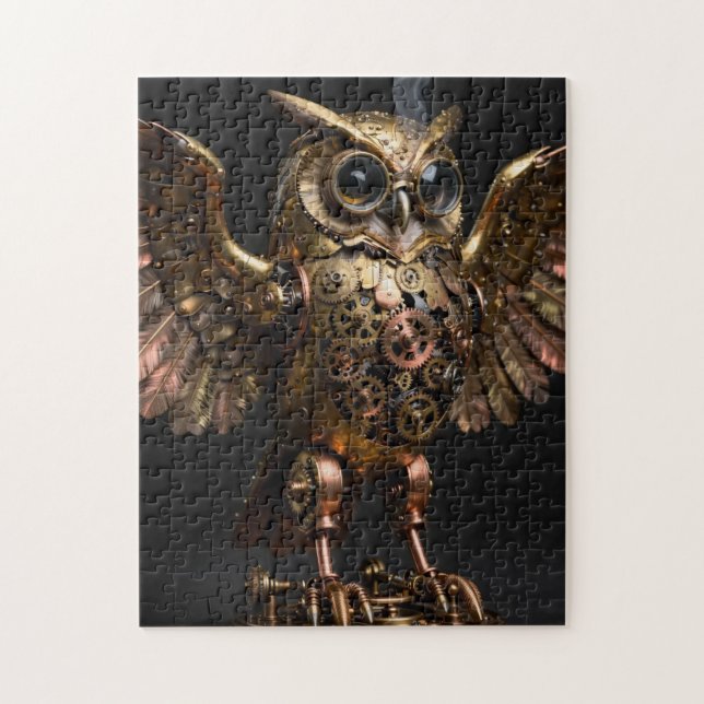 Quebra-cabeça Coruja Mecânica Steampunk com Asas Espalhadas Arte (Vertical)
