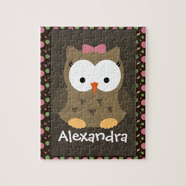 Quebra-cabeça Coruja-Menina Bonita, Rosa/Verde/Marrom (Vertical)