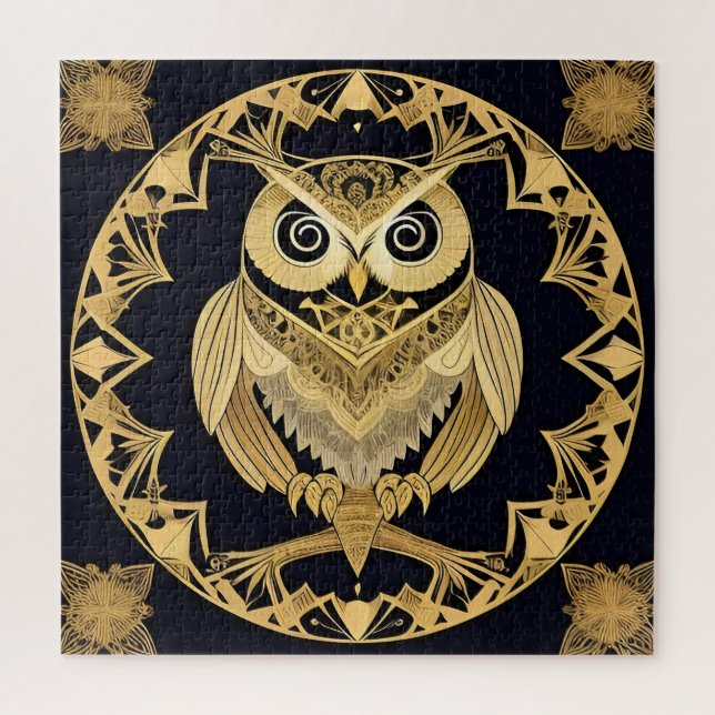 Quebra-cabeça Coruja Ornamental Dourada com Desenho Decorativo (Vertical)