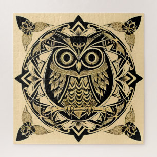 Quebra-cabeça Coruja Ornamental Dourada com Desenho Decorativo