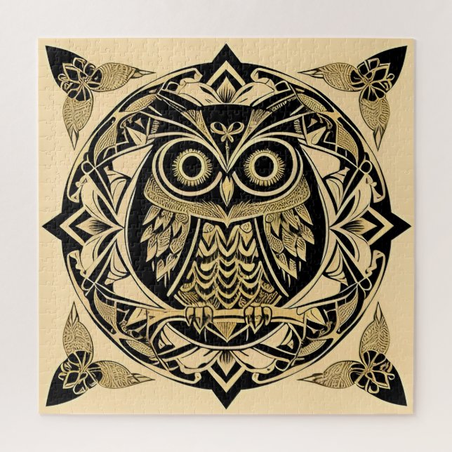 Quebra-cabeça Coruja Ornamental Dourada com Desenho Decorativo (Vertical)