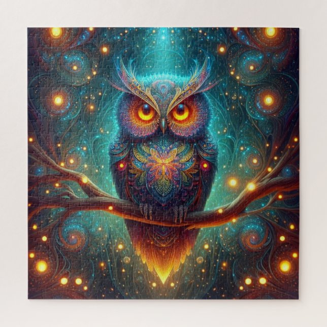 Quebra-cabeça Coruja Psicodélica em Floresta Cósmica (Vertical)