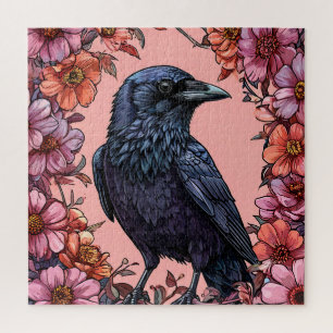 Quebra-cabeça Corvo Preto Rodeado por Flores Rosa e Laranja