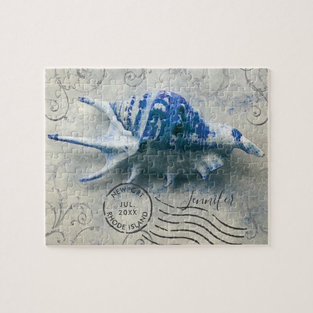 Quebra-cabeça Costeira Seashell Monograma Nome Indigo Blue (Horizontal)