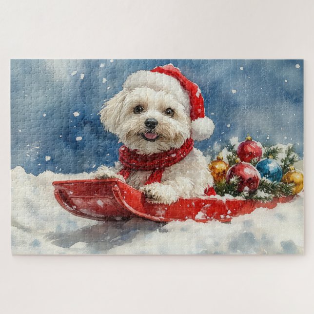 Quebra-cabeça Coton De Tulear em Sledge Deixe nevar o Natal (Horizontal)