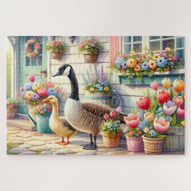 Quebra-cabeça Cottage Garden Geese Spring Illustration (Horizontal)