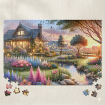 Quebra-cabeça Cottage Garden Stream at Sunset<br><div class="desc">This enchanting artwork captures a dreamy cottage garden bathed in the golden glow of sunset, where colorful blooms and tall foxgloves line a gentle stream that winds past cozy houses and old wooden bridges. A large tree anchors the scene, its sprawling branches casting dappled shadows over the vibrant flowerbeds bursting...</div>