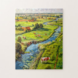 Quebra-cabeça Countryside with Cows and Stream Fantasy Painting