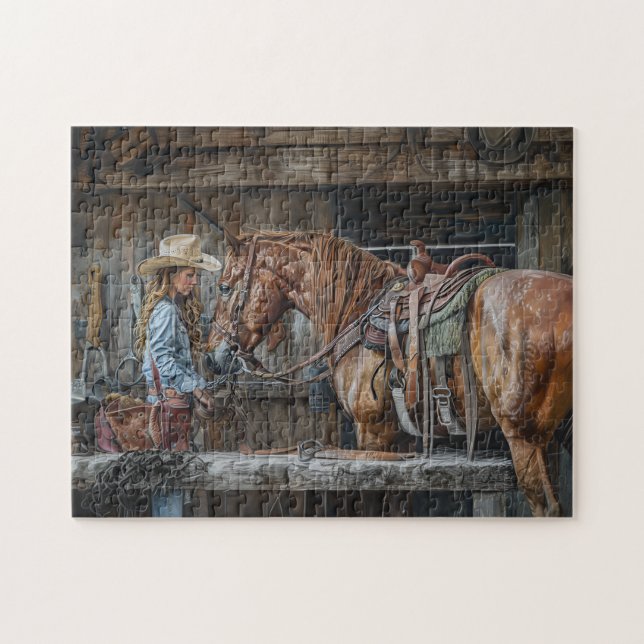 Quebra-cabeça Cowgirl and Horse Rustic Western Ranch (Horizontal)