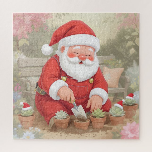 Quebra-cabeça Cozy Santa Claus Gardener Planting Succulents (Vertical)