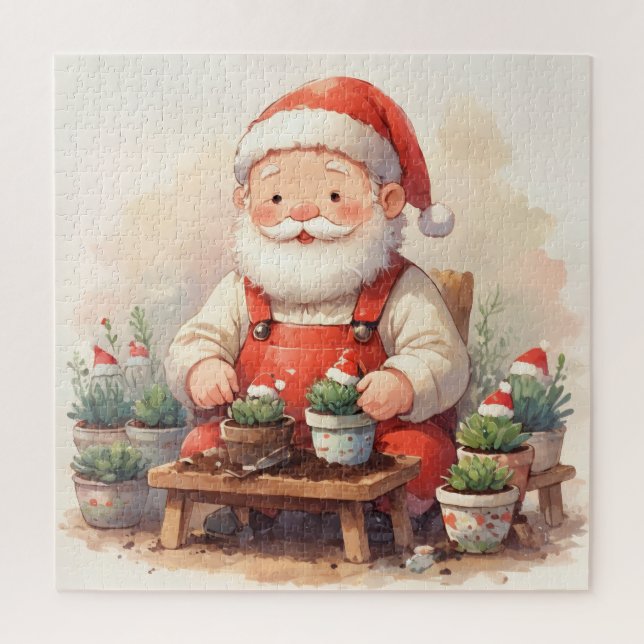 Quebra-cabeça Cozy Santa Claus Gardener Planting Succulents (Vertical)