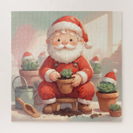 Quebra-cabeça Cozy Santa Claus Gardener Planting Succulents