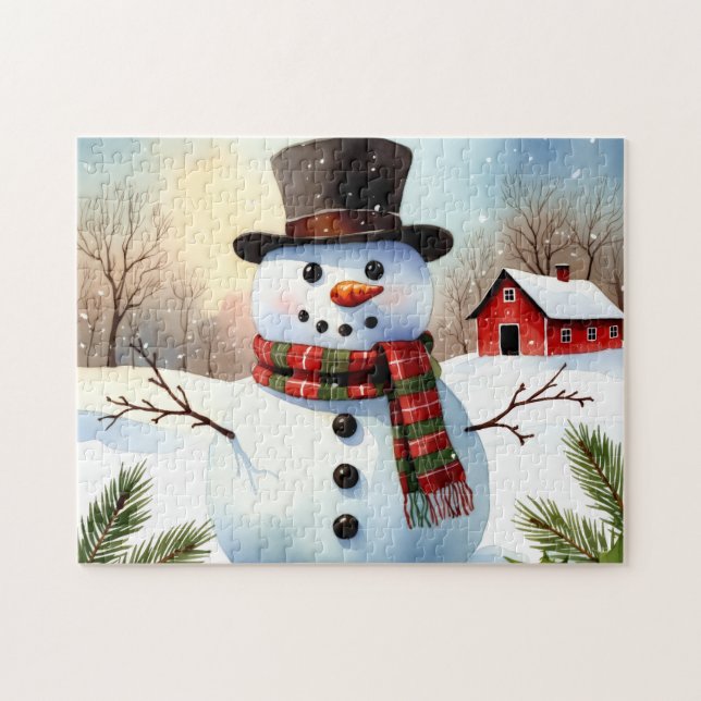 Quebra-cabeça Cozy Snowman Farm Watercolor Christmas (Horizontal)