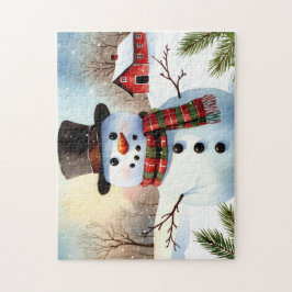 Quebra-cabeça Cozy Snowman Farm Watercolor Christmas