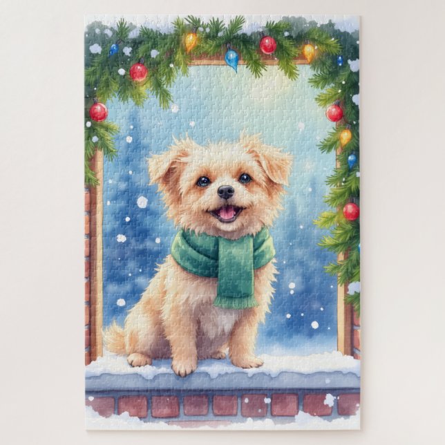 Quebra-cabeça Cozy Watercolor Affenpinscher Christmas Snowy (Vertical)