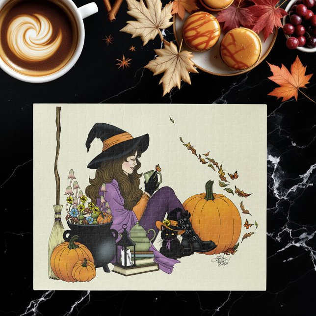 Quebra-cabeça Cozy Witch Vibes Halloween Pumpkins Purple (Criador carregado)