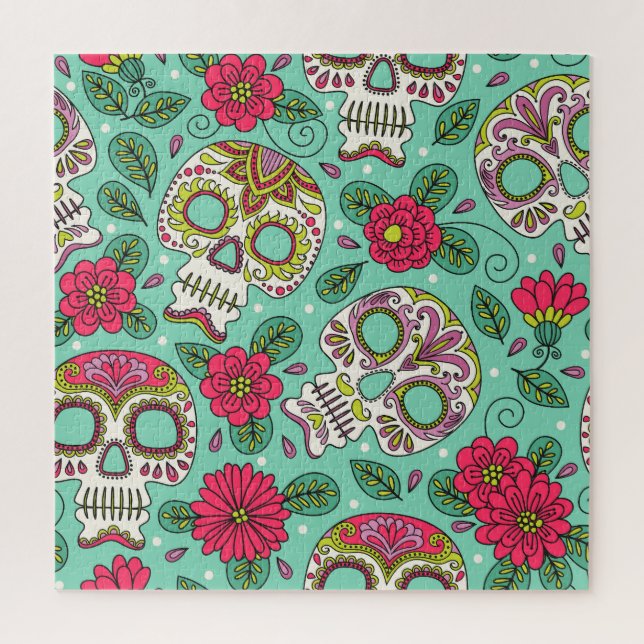 Quebra-cabeça Crânio mexicano e flores, sem costura. (Vertical)