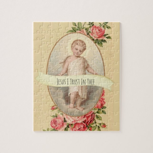 Quebra-cabeça Criança Jesus religioso com rosa & rosa vermelha (Vertical)