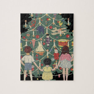 Quebra-cabeça Crianças do natal vintage em torno de uma árvore