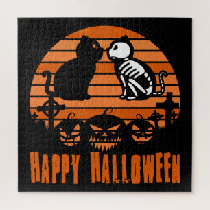 Quebra-cabeça Crianças Feliz Halloween Skeleton Cat Retro Sunse