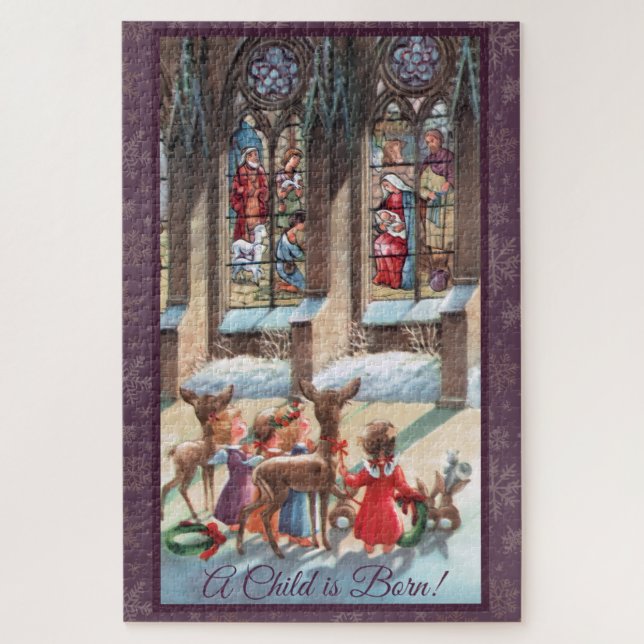 Quebra-cabeça Crianças na janela da igreja no Natal  (Vertical)
