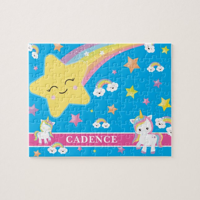 Quebra-cabeça Crianças Personalizadas do Unicórnio Mágico Azul (Horizontal)