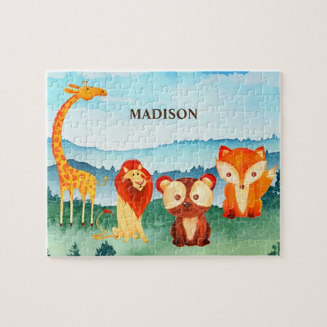 Quebra-cabeça Crianças Safari Animais Verde Floresta Azul (Horizontal)