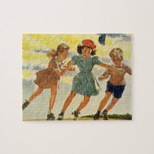 Quebra-cabeça Crianças Vintage, Meninas Diversão De Patins