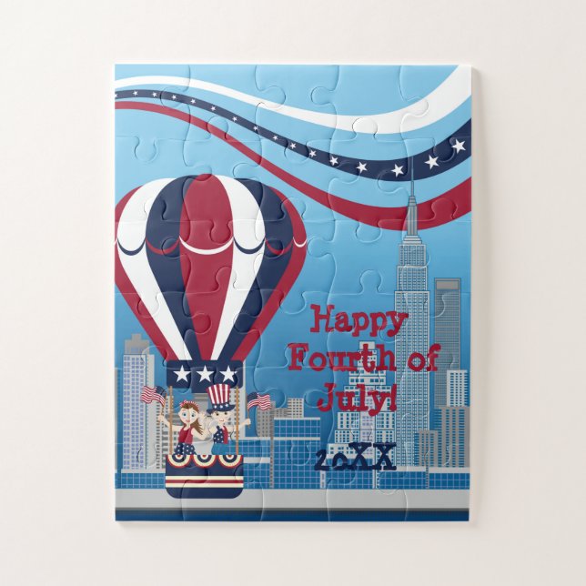 Quebra-cabeça Crianças voando em um balão de ar quente patriótic (Vertical)